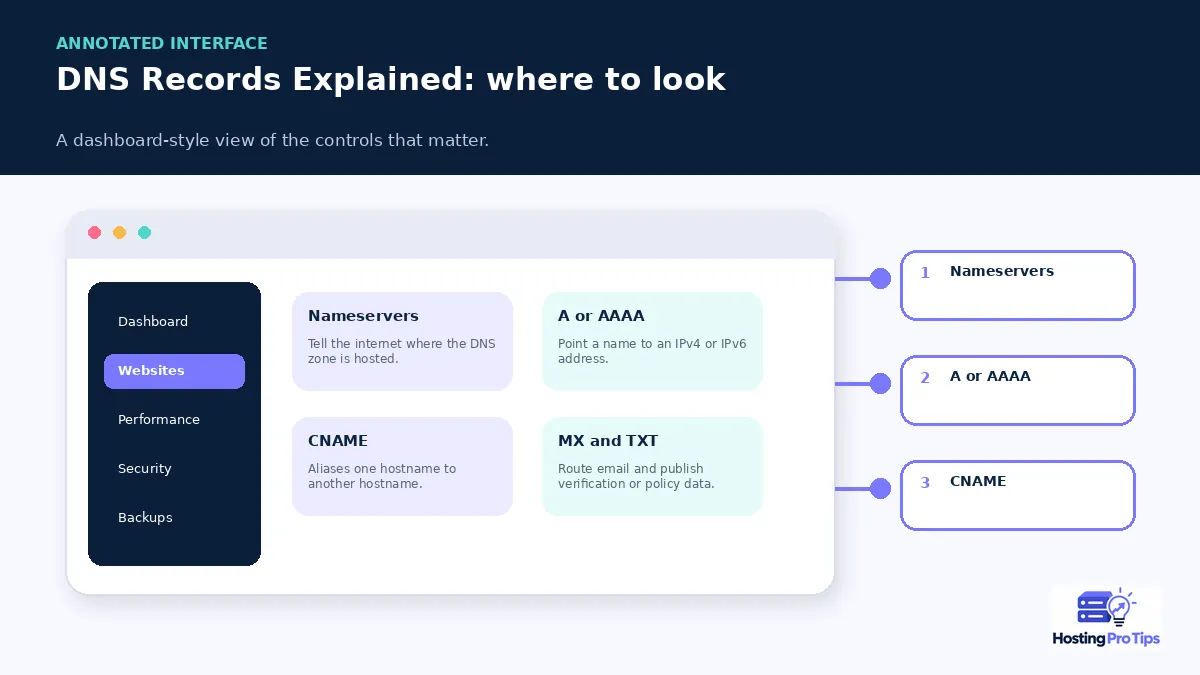 DNS Records Explained: A, CNAME, MX & TXT annotated interface