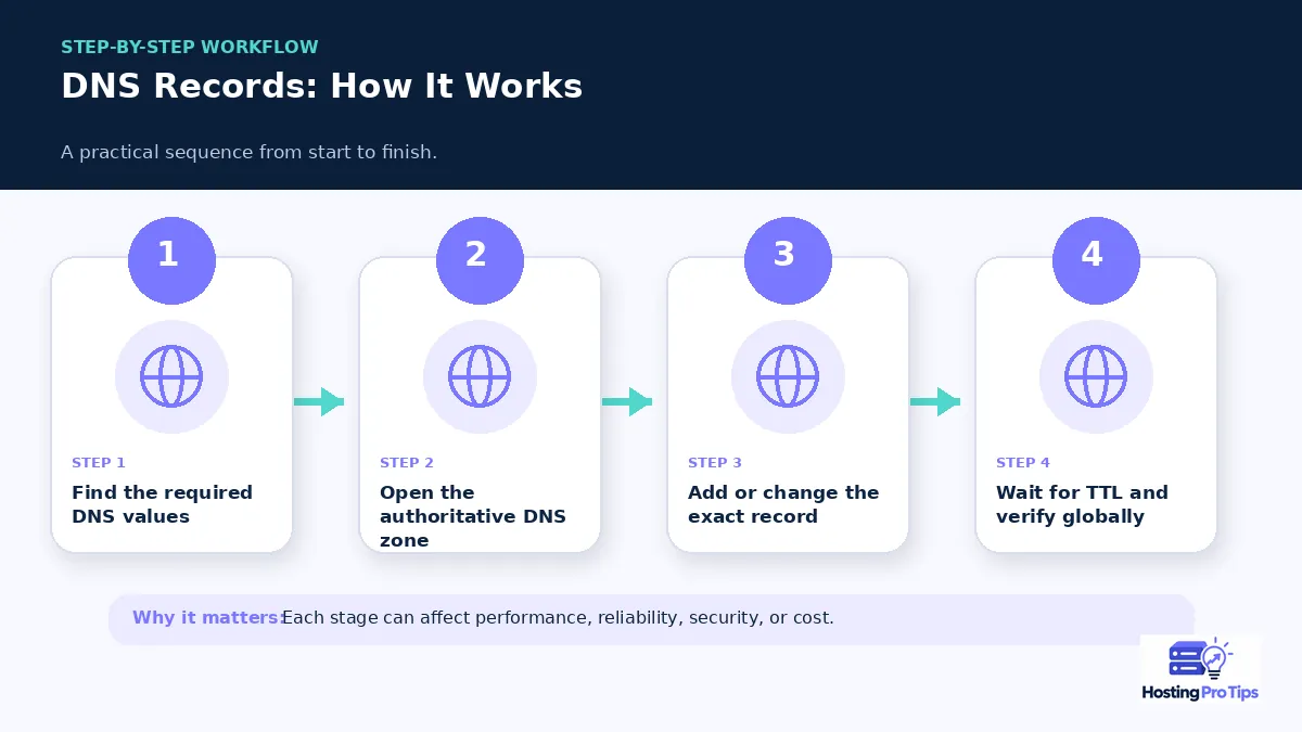 DNS Records Explained: A, CNAME, MX & TXT step-by-step workflow